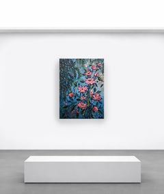 Moody Blues in Blüte: Große abstrakte, florale Malerei, 101x76 cm