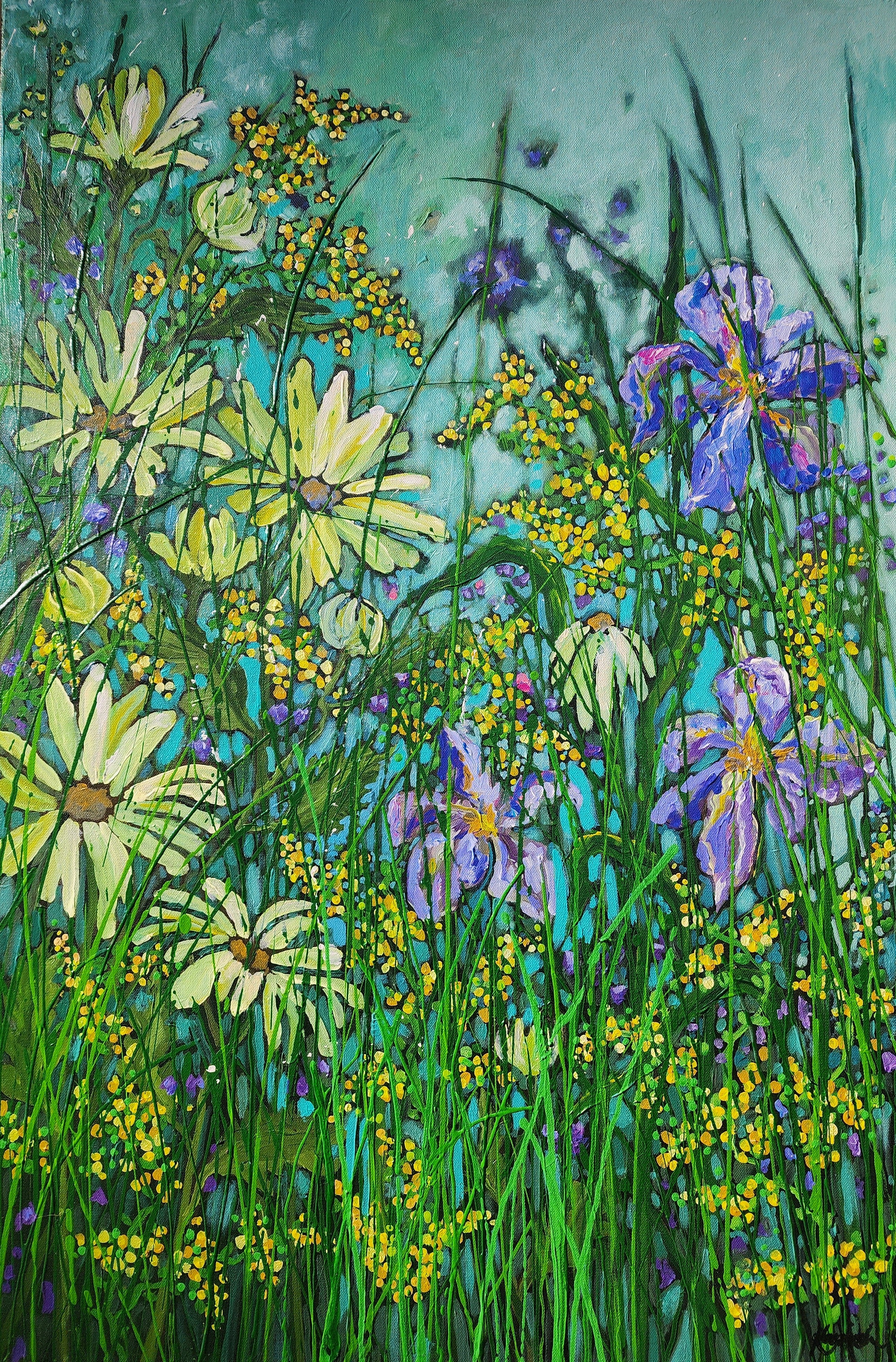 Soft Surrender: Original Impressionism Floral Painting, Iris, Daisies, Light