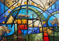 Circles of Strength: Original Extra-large Painting, Rhino, Geometric, Bold, Blue