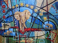 „Die Einladung“ – Übergroßes Gemälde, abstrakt, figurativ, blau, Erdtöne