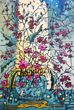 Fiori a volontà: dipinto floreale in stile impressionista originale, vaso, luce, lepre