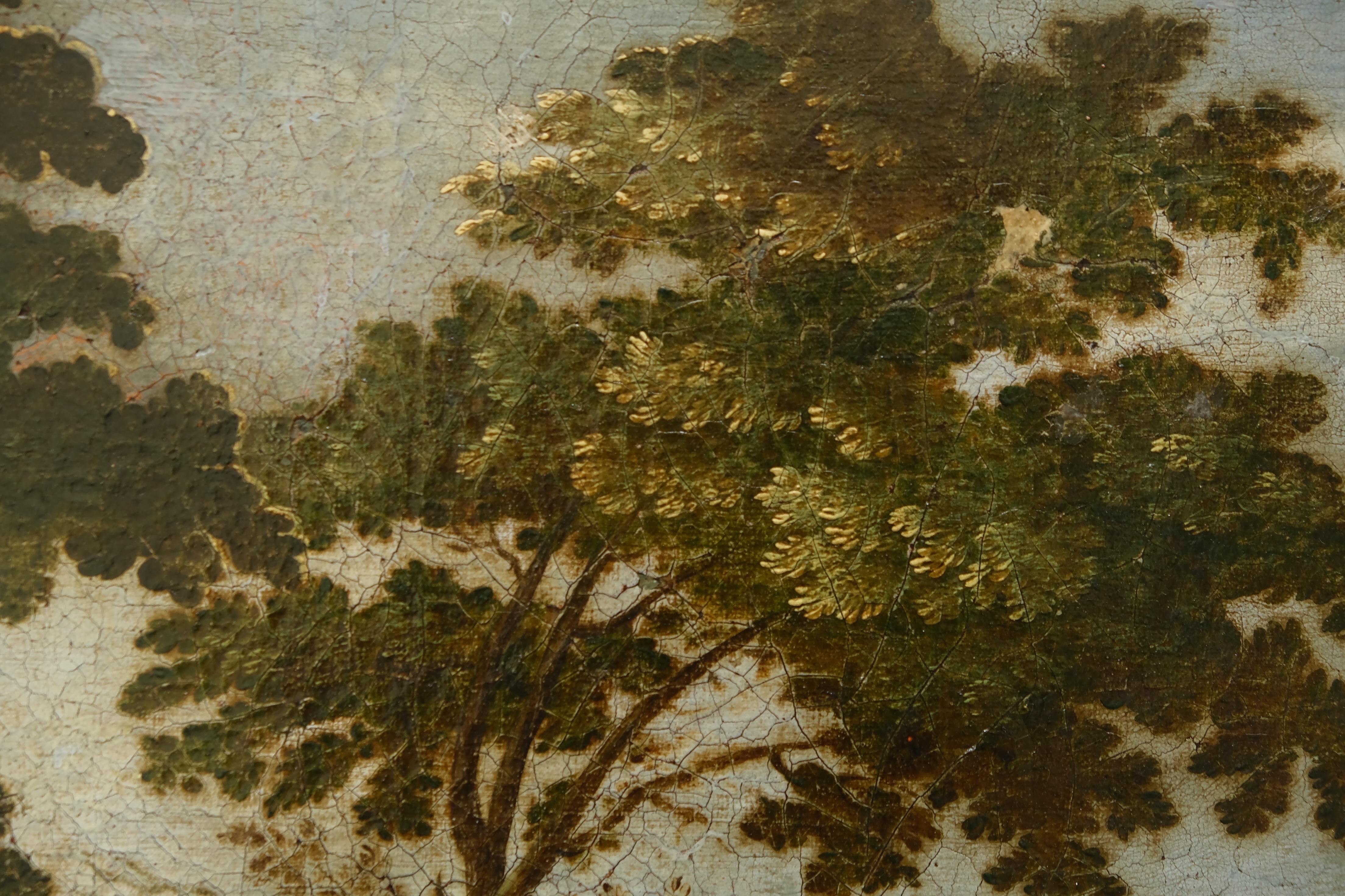 paysage boisé flamand du XVIIe siècle avec château et ville perchée. en vente 12