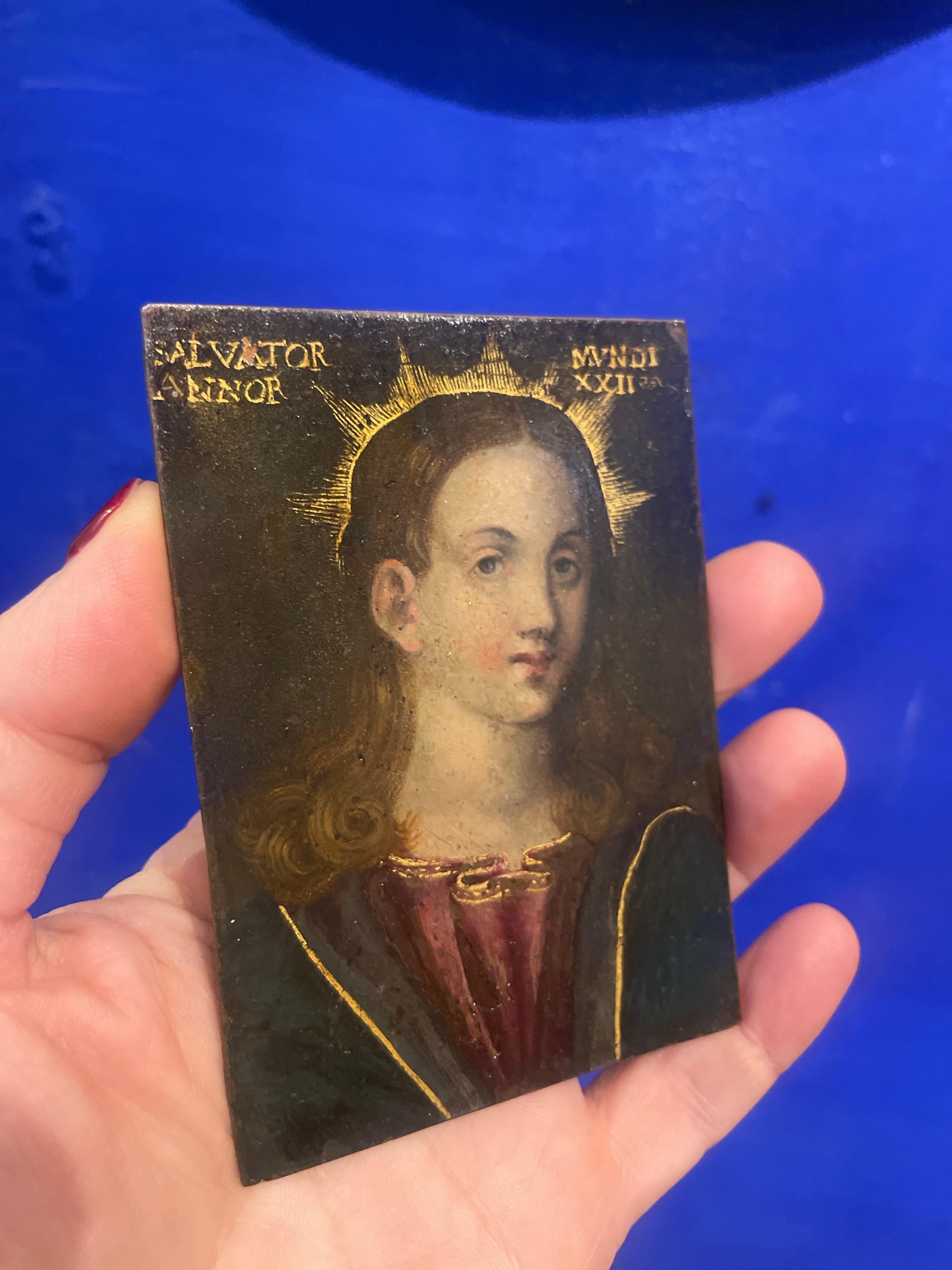 Salvator Mundi, Öl auf Kupfer, Norditalien, spätes 16. - frühes 17. Jh., 9×7 cm (Schwarz), Portrait Painting, von Unknown