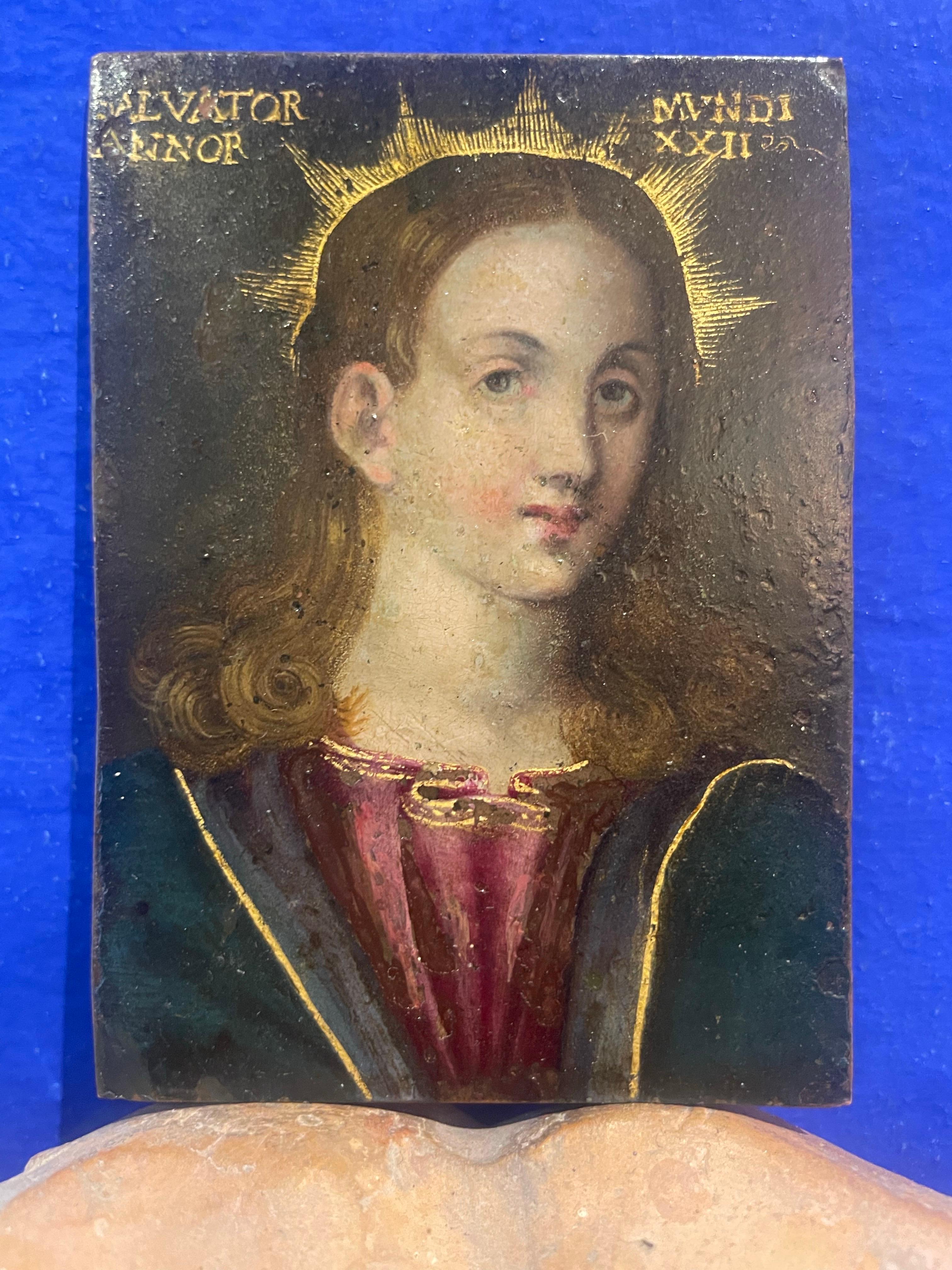 Salvator Mundi, Öl auf Kupfer, Norditalien, spätes 16. - frühes 17. Jh., 9×7 cm im Angebot 9