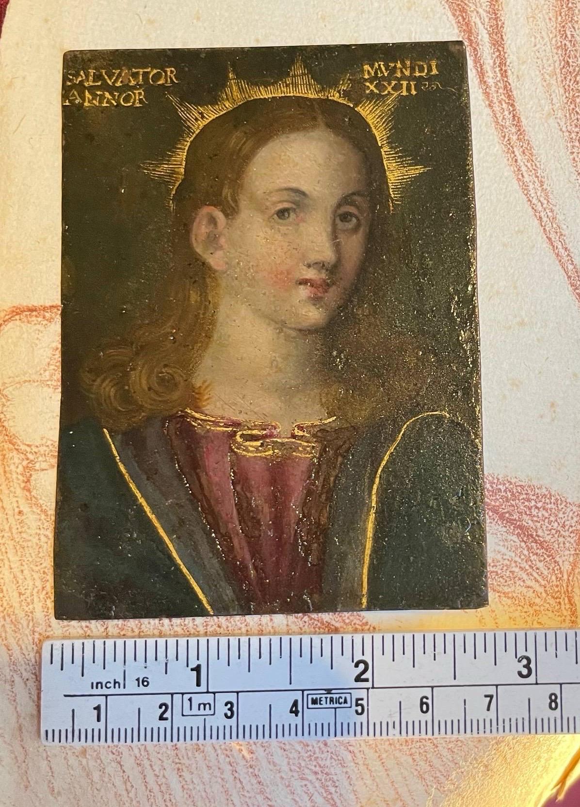 Salvator Mundi, Öl auf Kupfer, Norditalien, spätes 16. - frühes 17. Jh., 9×7 cm im Angebot 4