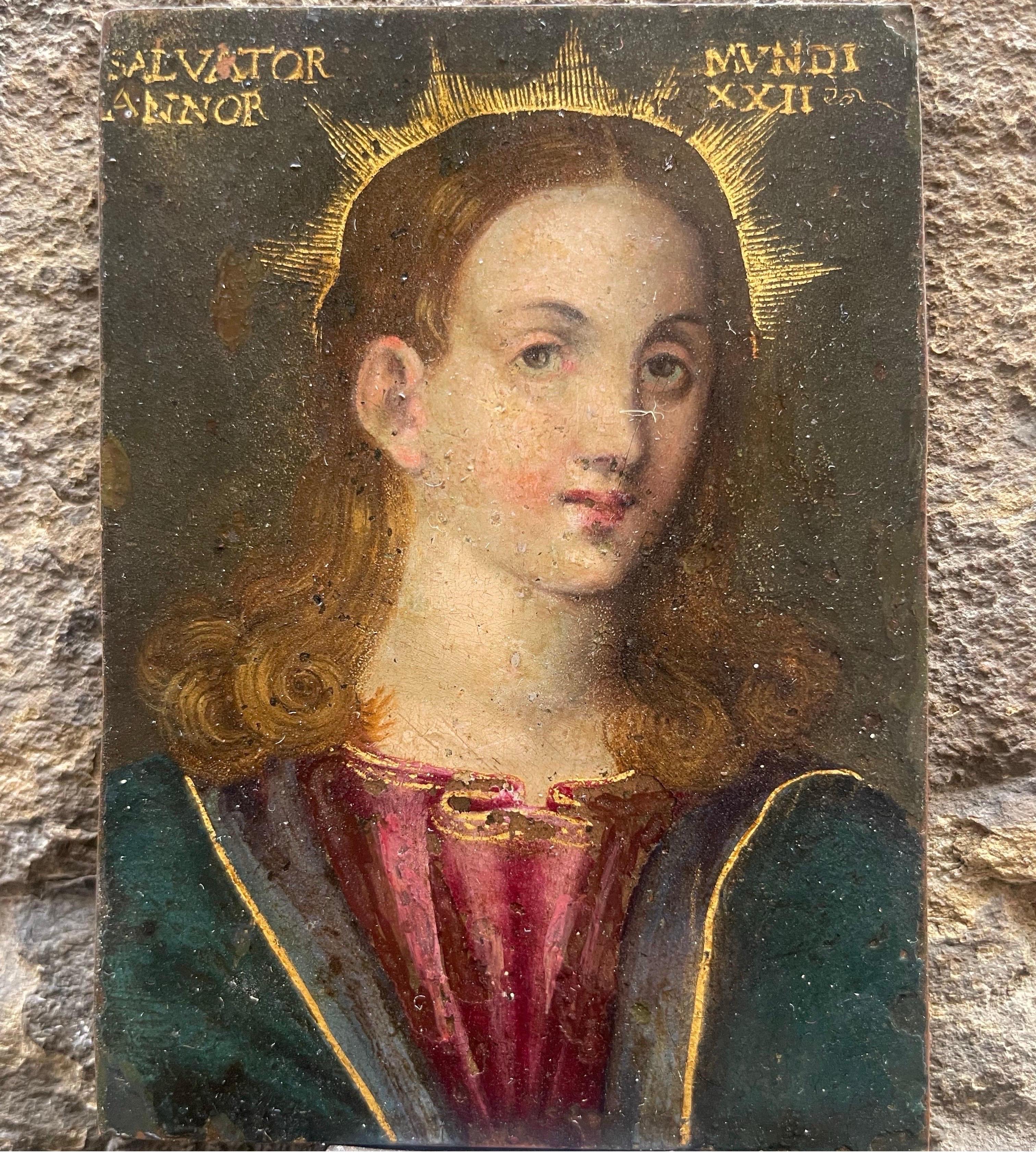 Salvator Mundi, Öl auf Kupfer, Norditalien, spätes 16. - frühes 17. Jh., 9×7 cm – Painting von Unknown