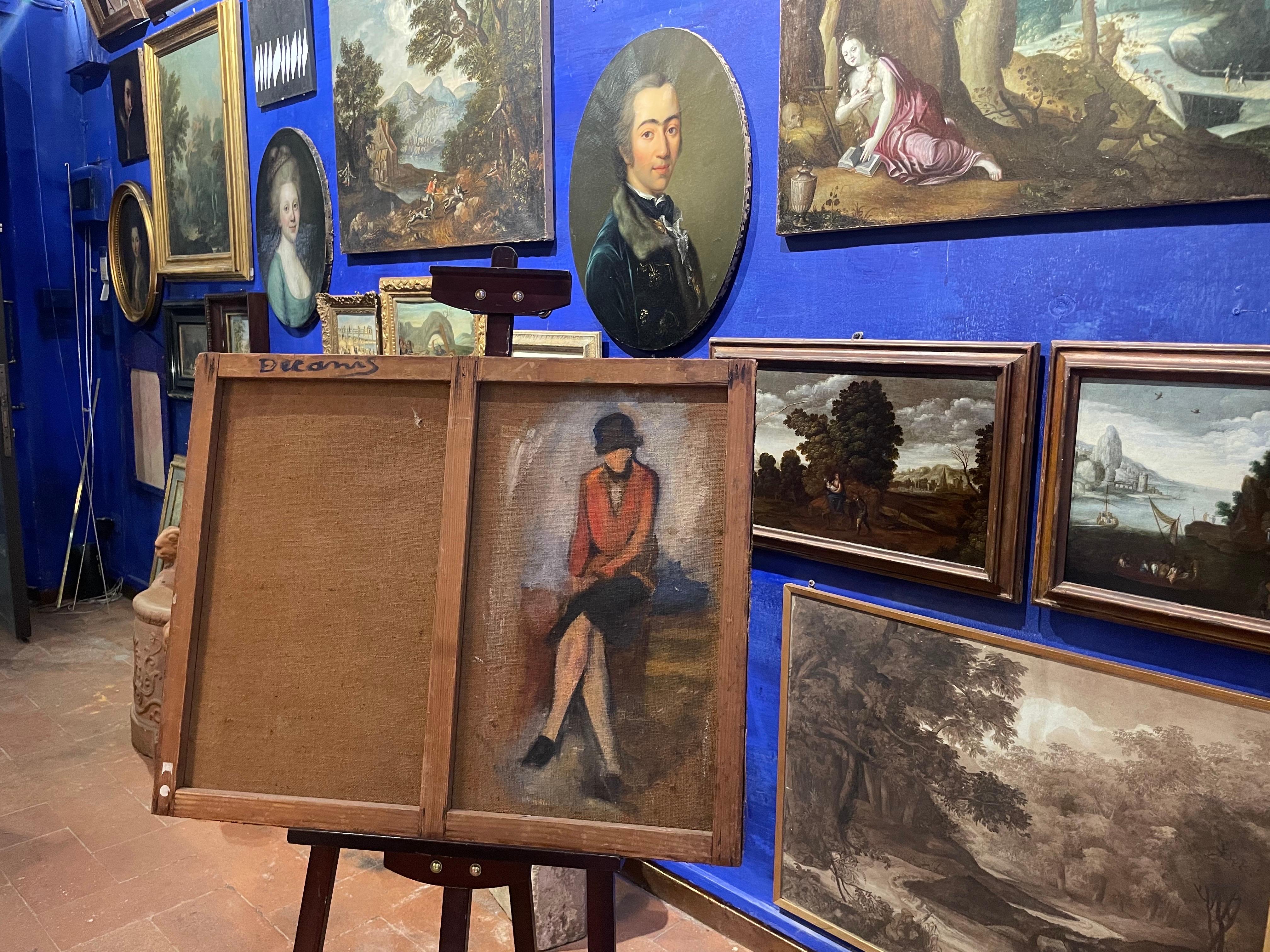 Female Torso And Portrait Of The 1920s. Double Sketch On Canvas. - Art Deco Painting by Unknown