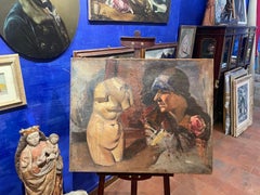 Torso femenino y retrato de los años veinte. Doble boceto sobre lienzo.