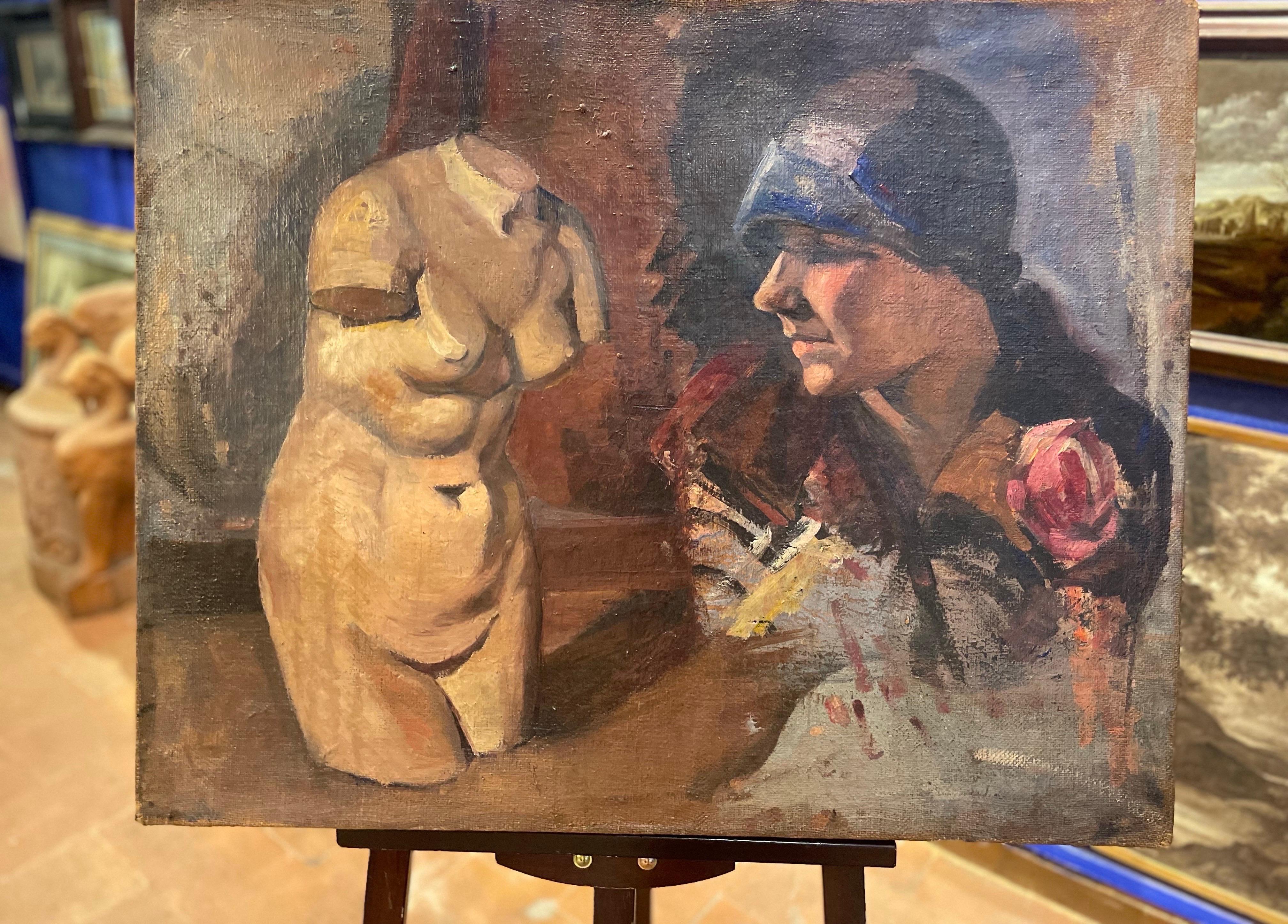 Female Torso And Portrait Of The 1920s. Double Sketch On Canvas. For Sale 10