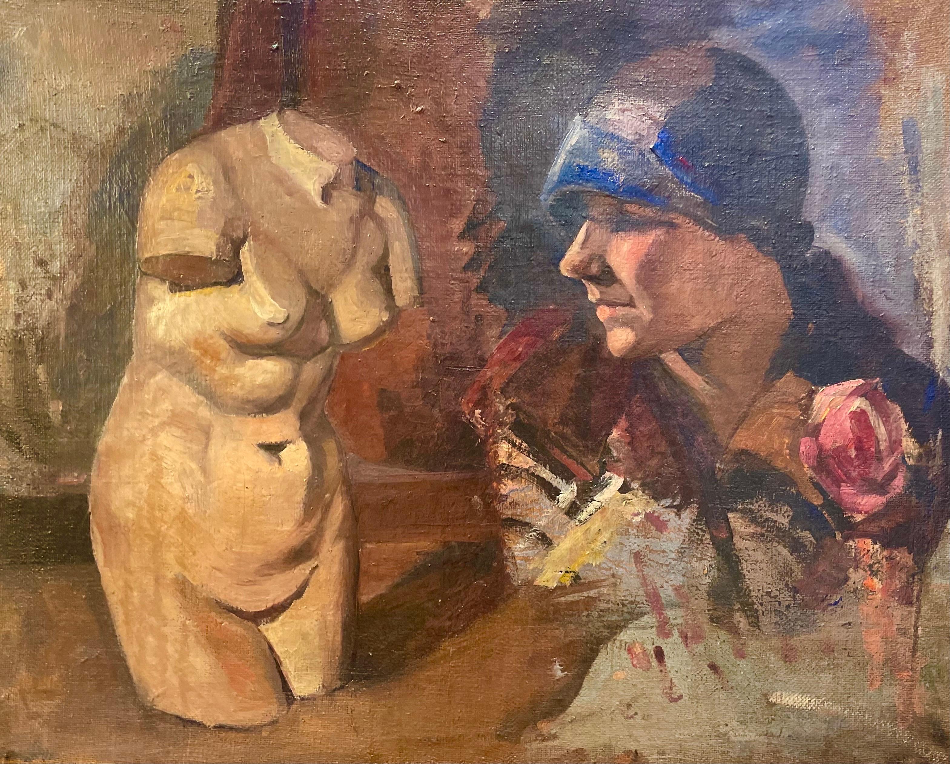 Unknown Portrait Painting - Female Torso And Portrait Of The 1920s. Double Sketch On Canvas.