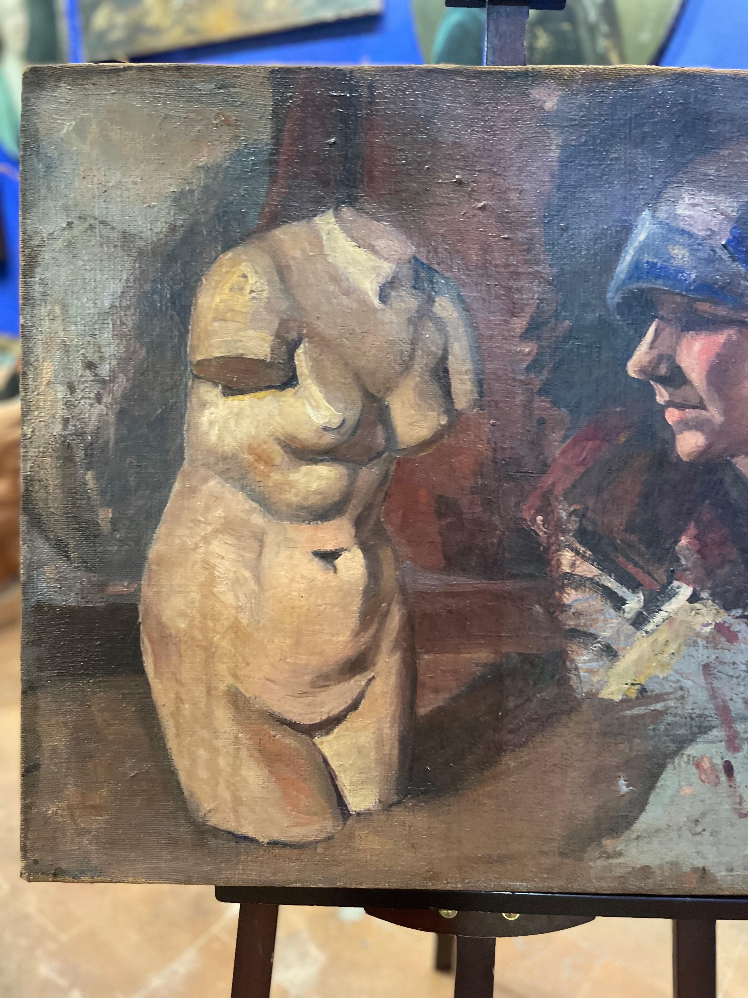 Female torso and portrait of the 1920s. Double sketch on canvas.
The very rough canvas, similar to jute, is painted both on the front and on the back.
The painting is in good condition. In some places the margins of the canvas detach from the