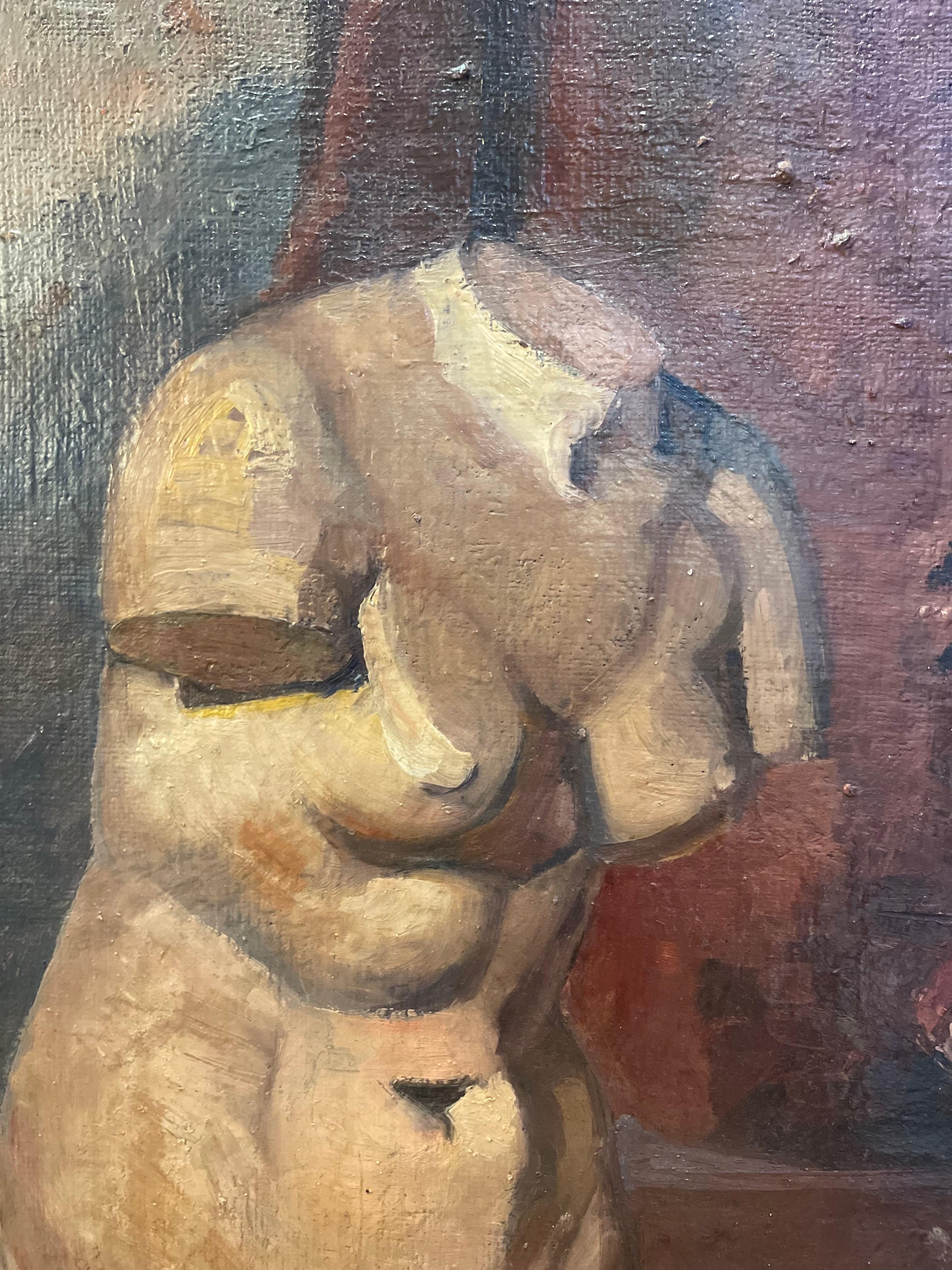 Female Torso And Portrait Of The 1920s. Double Sketch On Canvas. For Sale 1