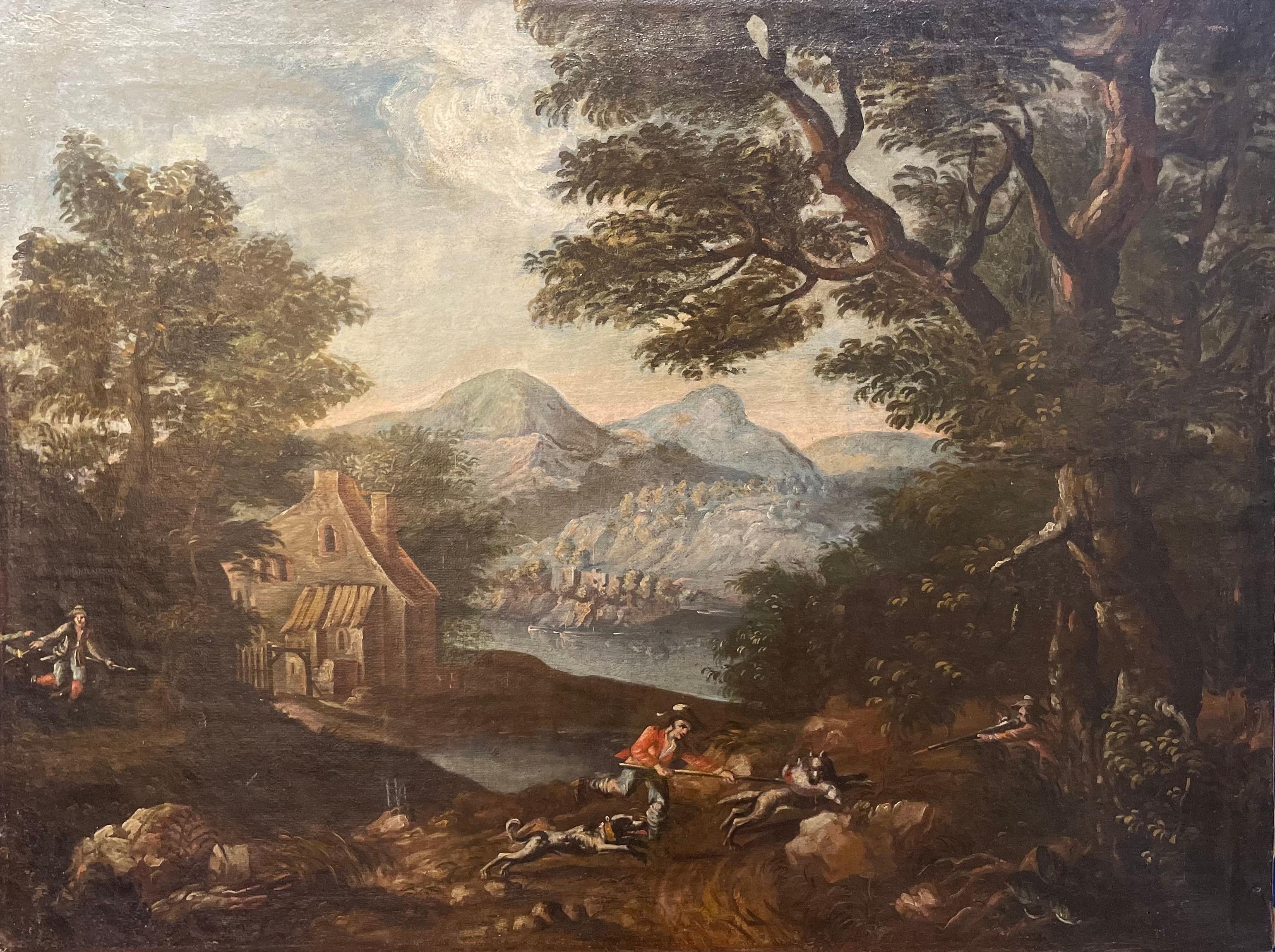 Paysage avec des chasseurs au bord d
un lac. XVIIIe siècle.