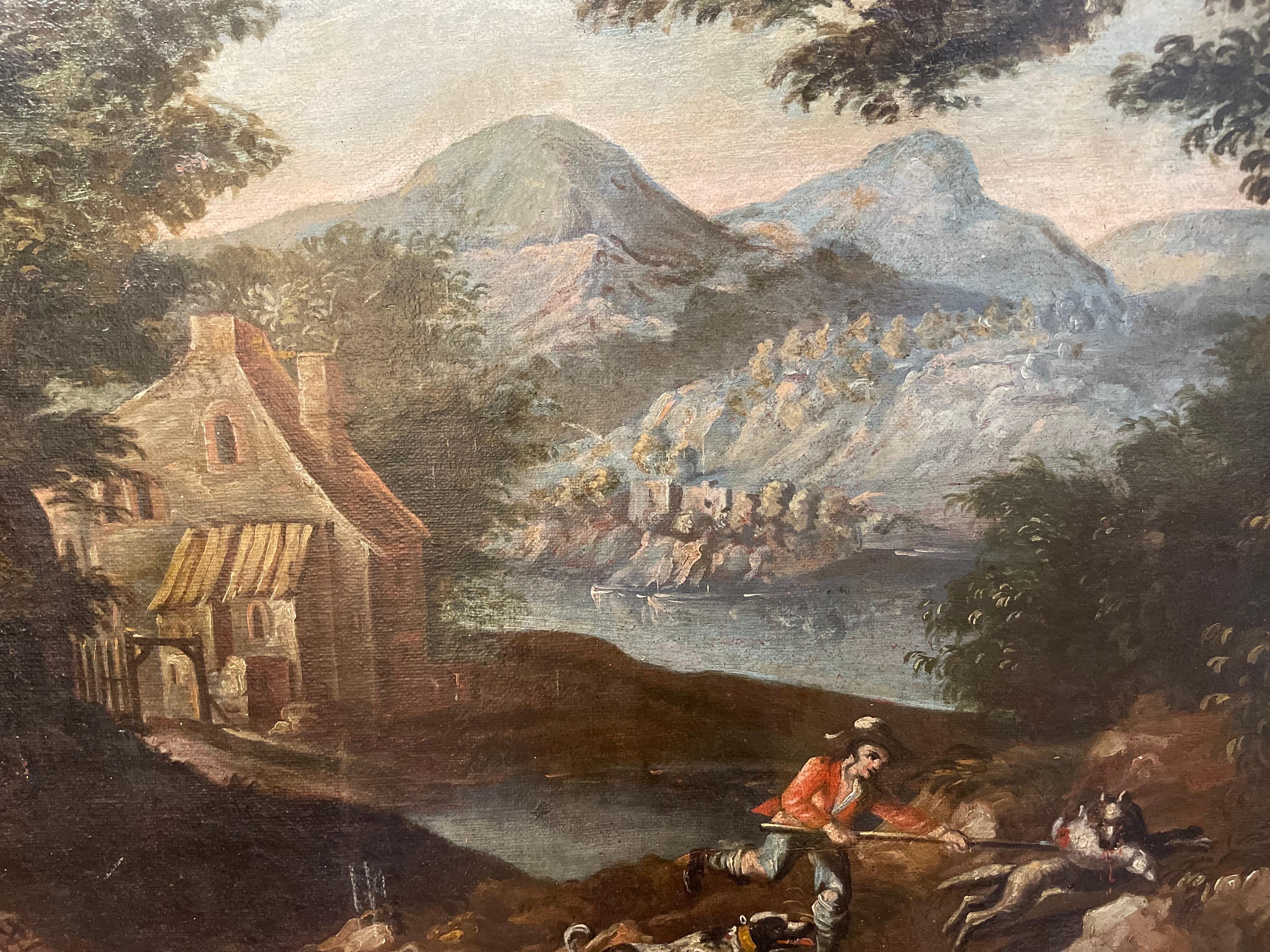 Landscape With Hunters By A Lake. XVIII Century. in vendita 14