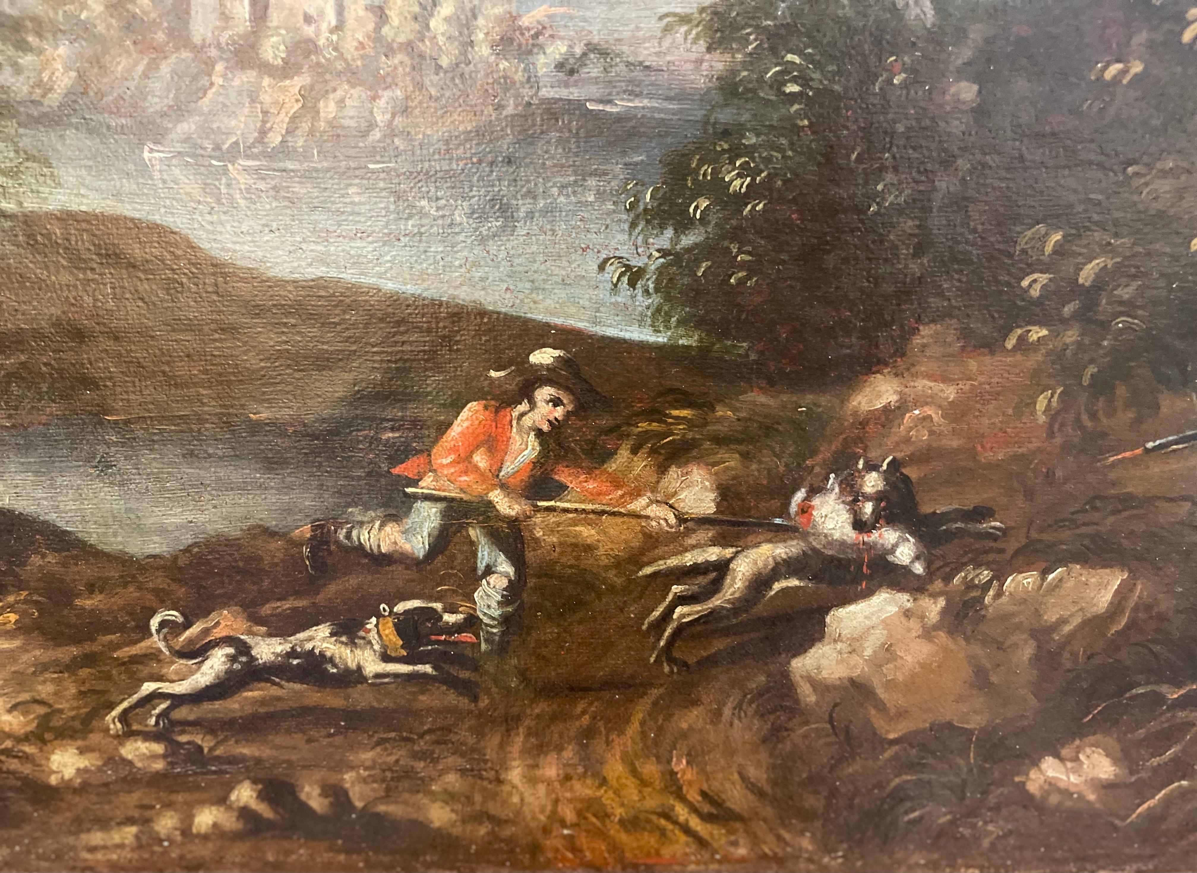 Landscape With Hunters By A Lake. XVIII Century. - Painting Barocco di Unknown