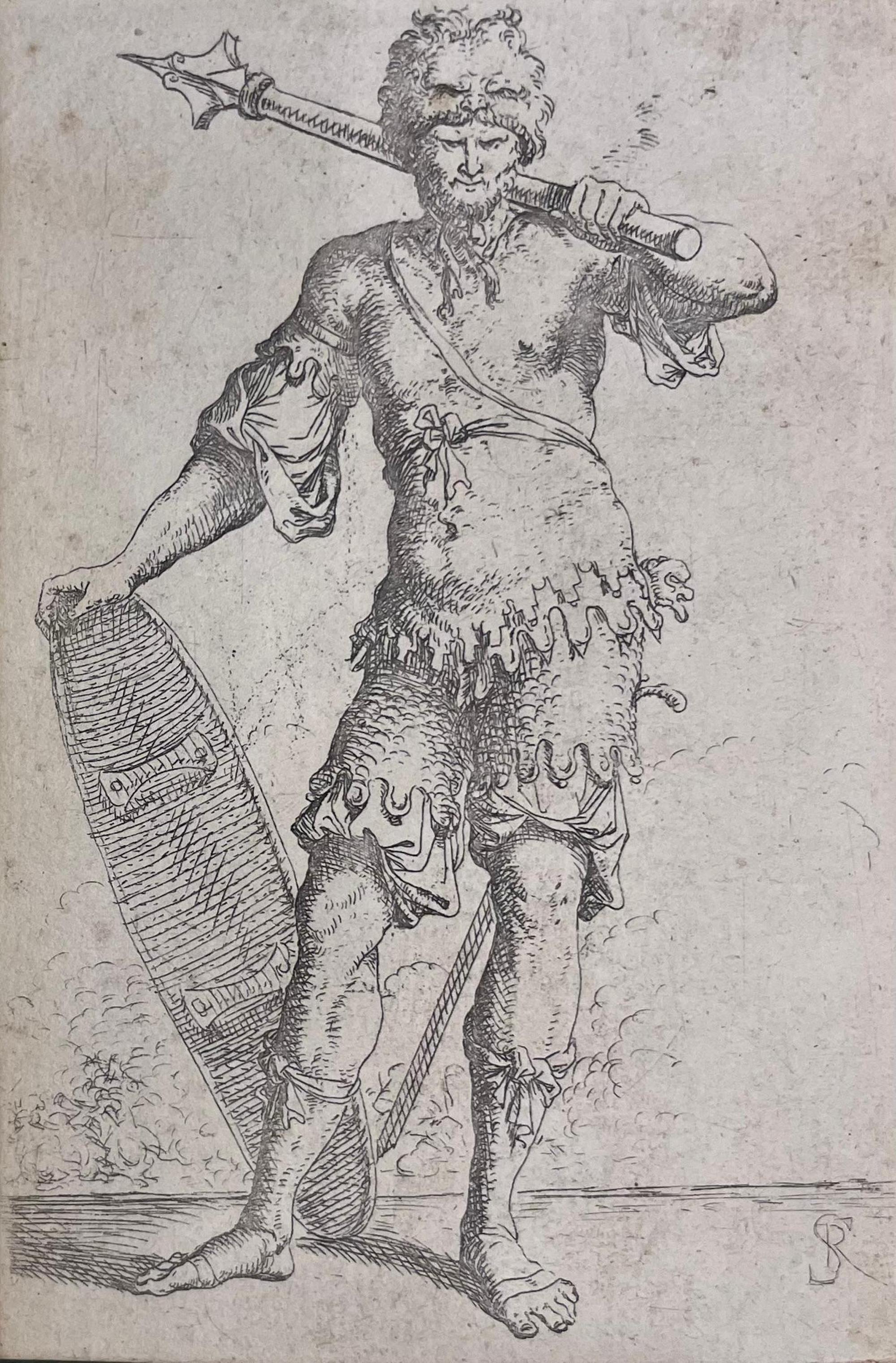 Salvator Rosa. Original etching: Warrior with  Mace and Shield. 17th century.