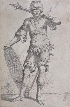 Salvator Rosa. Original etching: Warrior with  Mace and Shield. 17th century.