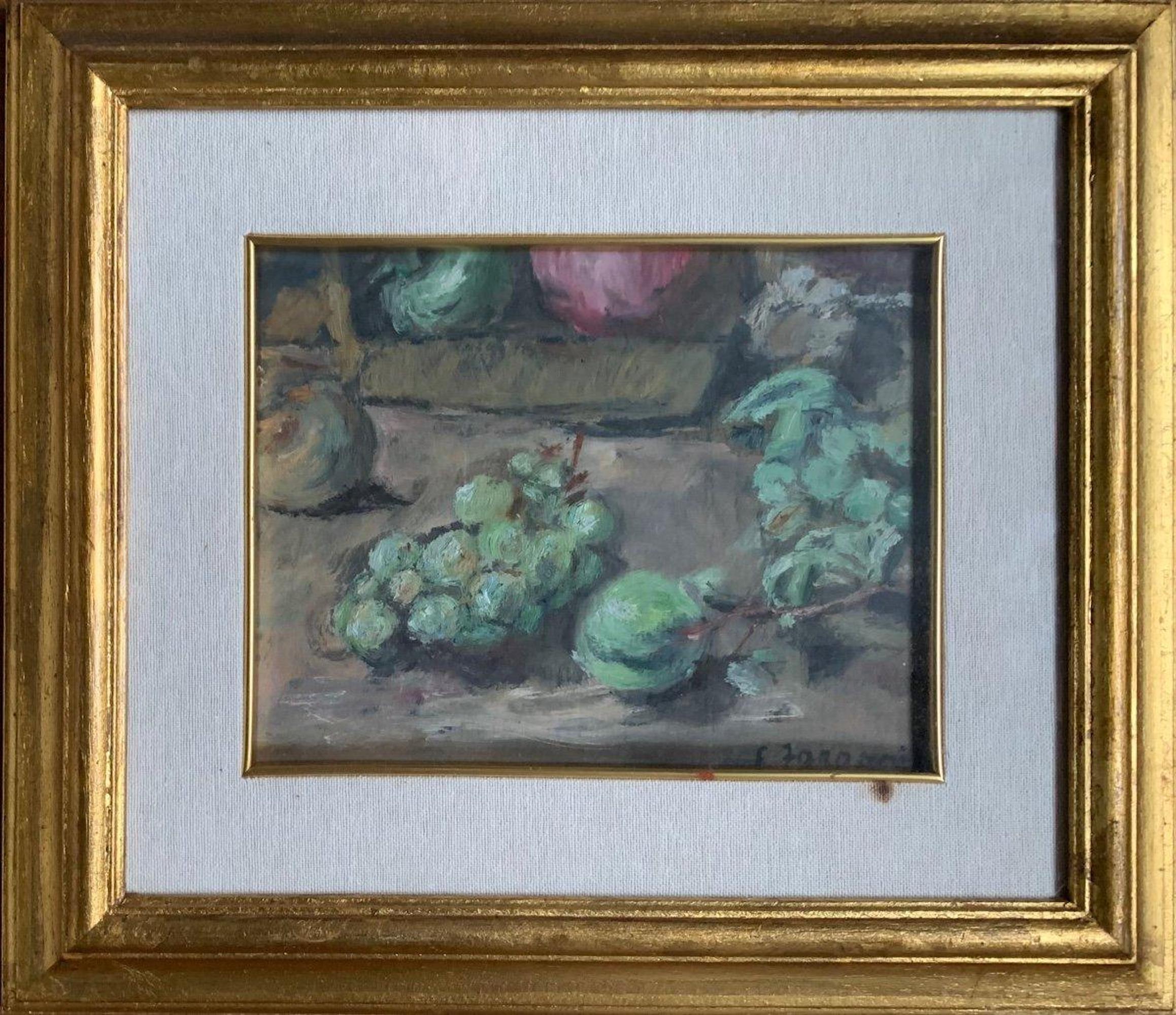 Still-Life Painting de Enzo FARAONI - Naturaleza muerta en verde con uvas, ciruelas, peras y champiñones, Enzo Faraoni