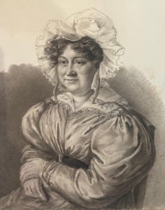 19th c. charcoal — Portrait of a lady in puffed-sleeve dress and lace bonnet