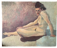 1930s–1940s Modernist Female Nude with Red Lipstick, Oil on Board