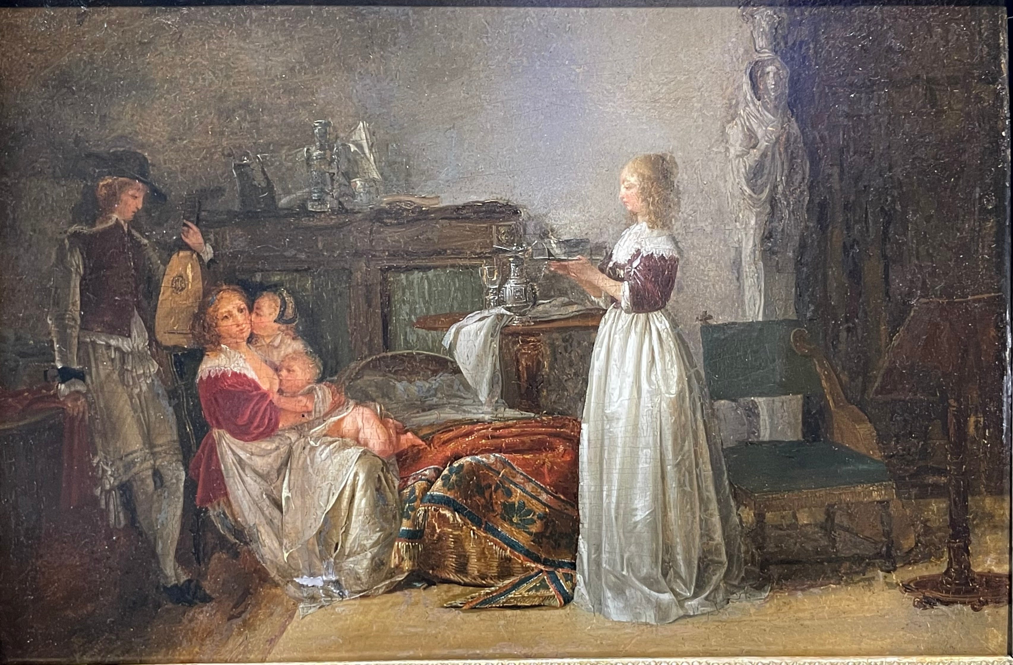 Jean-Baptiste Mallet (1759–1835), attributed – 17th-Century Interior with Mother, Children, and Lutenist

Attributed to Jean-Baptiste Mallet (Grasse, 1759 – Paris, 1835).

Oil on panel.
Not signed
Panel dimensions: 36 × 24 cm.
Framed dimensions: 47