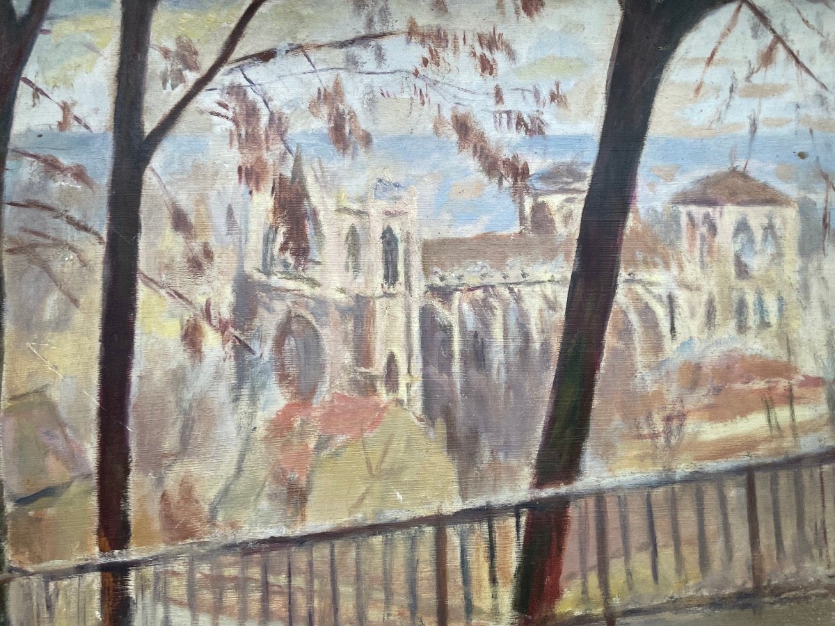 Claude Vanier Landscape Painting - View of a Gothic Cathedral from a Wooded Hill, signed Vanier, c. 1940