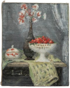Henry Déziré (1878-1965) – Nature morte aux fraises et aux fleurs, signée