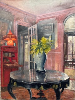 French Apartment Interior with Large Windows, Red Cabinet and Mimosa, c. 1930