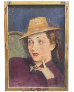1940s. Portrait Of A Woman Wearing A Veiled Hat, French School, Signed Vanier