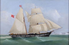 A 19th Century antique painting of a merchant ship. Framed oil on canvas. Signed
