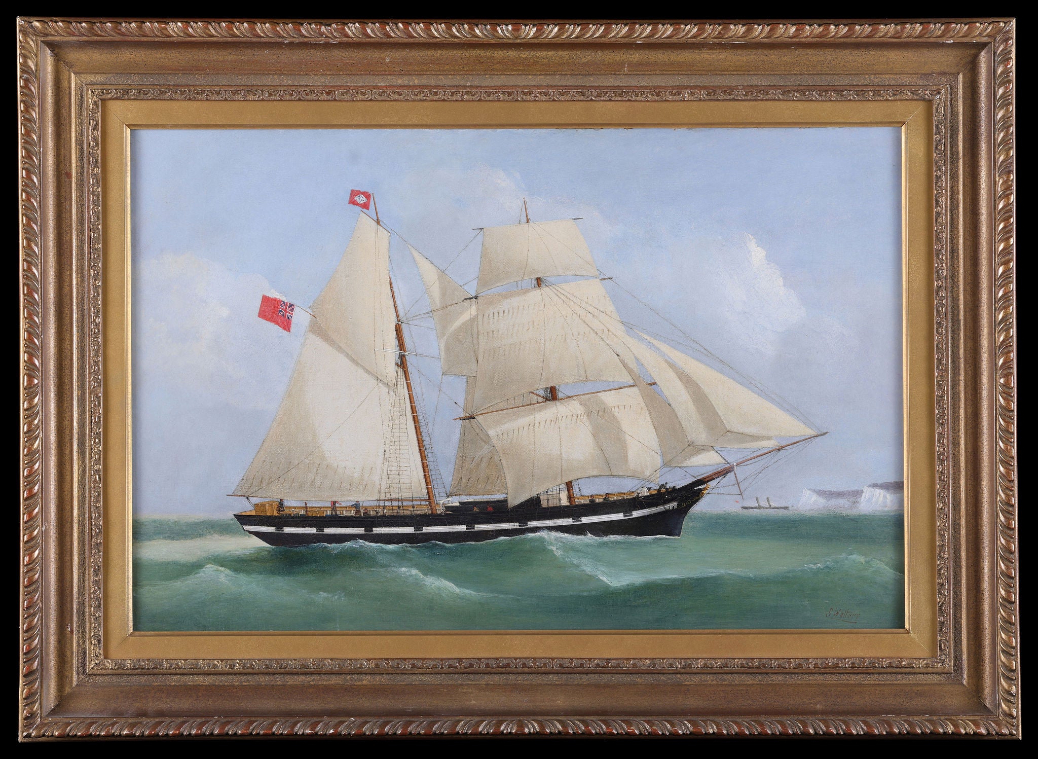A 19th Century antique painting of a merchant ship. Framed oil on canvas. Signed