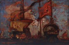 Galleons at sea antique 19th century oil painting on panel by Sir Frank Brangwyn