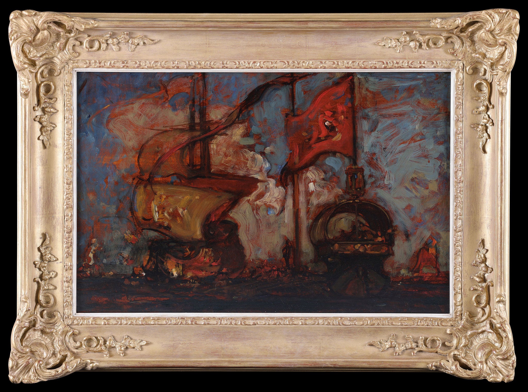 Les galions en mer
Sir Frank Brangwyn (1867 - 1956)

Huile sur panneau d'acajou
Signé et titré au verso
Dimensions de l'image : 16 x 24 pouces (41 x 61 cm)
Dimensions avec cadre : 23 x 31 pouces (58 x 78 cm)

Un magnifique exemple des premiers