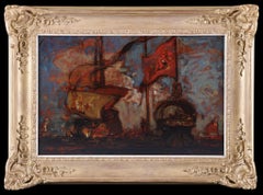 Peinture à l'huile sur panneau « Galions en mer », œuvre antique du XIXe siècle, signée Sir Frank Brangwyn