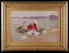 Öl auf Leinwand aus dem 19. Jahrhundert. Von Jules Scalbert. Eine Familie, die mit Schwänen Boot fährt
