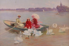 19th Century oil on canvas. By Jules Scalbert. A family boating with swans