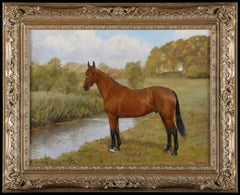 Un cheval dans un champ. Une peinture à l'huile ancienne sur toile de F. M. Hollams