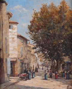 Dipinto antico, olio su tavola. Scena di strada in stile realista e impressionista, firmata