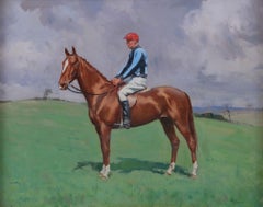 Un fantino su un cavallo da corsa. Olio su tela incorniciato d'epoca. Sir Herbert James Gunn