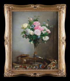 Framed antique painting of roses and jewellery. Signed and dated Paul Jance
