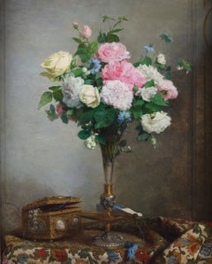 Framed antique painting of roses and jewellery. Signed and dated Paul Jance