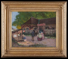 Antique oil on canvas tavern and fete scene. Signed