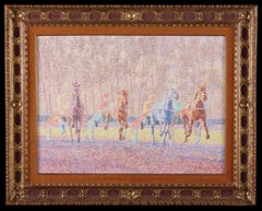 Framed pointillist oil on canvas painting. Horse racing, Signed Serge Mendjisky