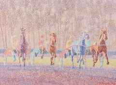 Framed pointillist oil on canvas painting. Horse racing, Signed Serge Mendjisky