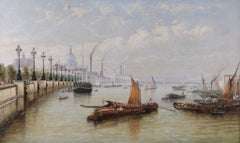 Grande peinture à l'huile du XIXe siècle, encadrée. La Tamise. Signé Moltino