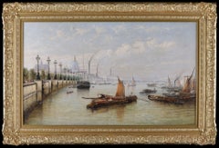 Grande peinture à l'huile du XIXe siècle, encadrée. La Tamise. Signé Moltino