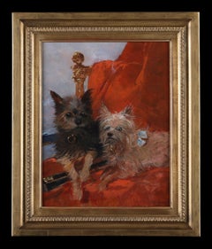 Antique framed animal painting oil on panel. Two terrier dogs signed Lemmers