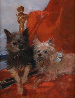 Antique framed animal painting oil on panel. Two terrier dogs signed Lemmers
