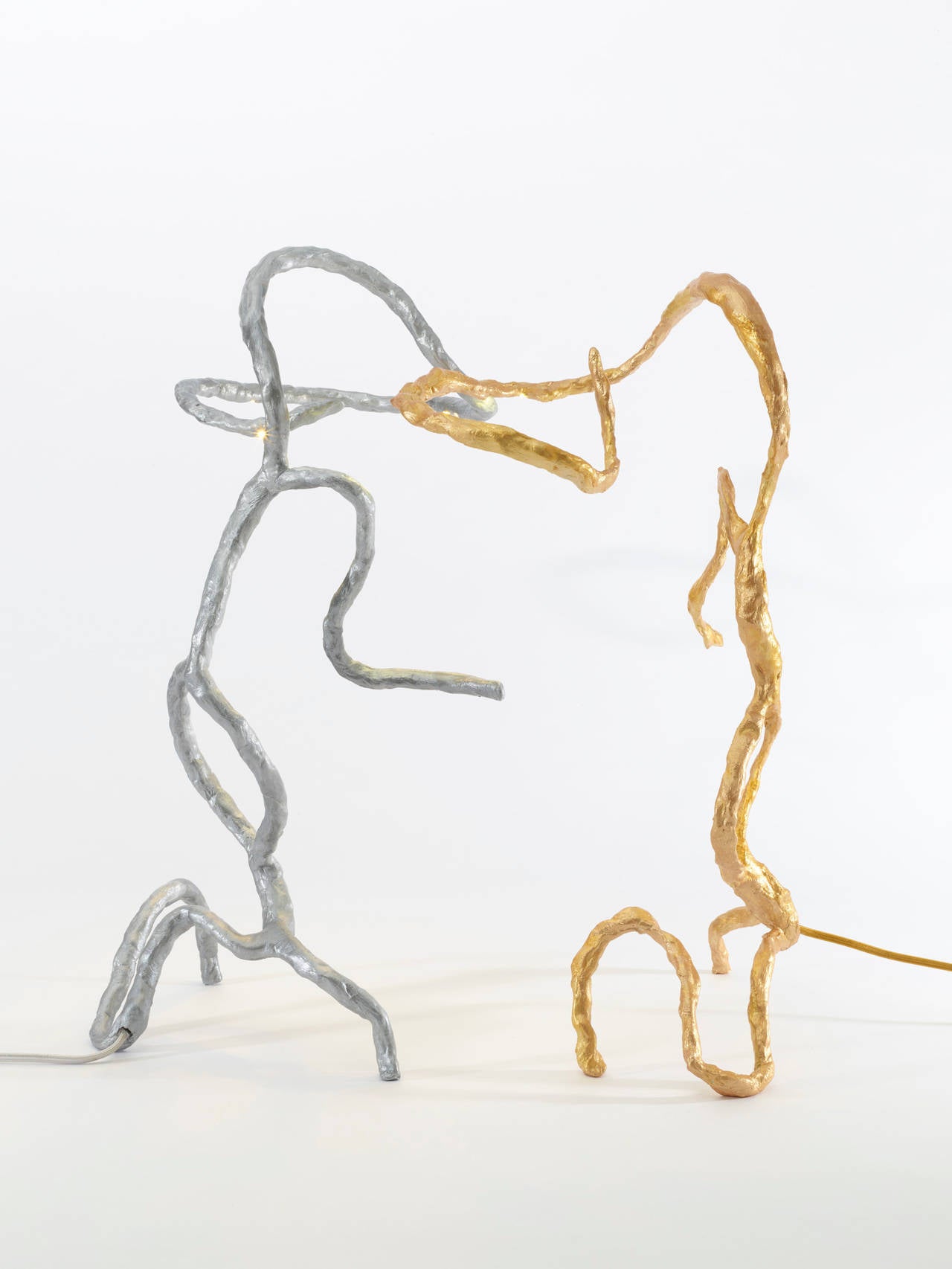 Marcia Grostein
With You (Silver) and Not With You (Gold), 2014
Resin, aluminum and LED lights
With You: Approx. 20 1/2 x 12 1/2 x 9 inches (52.1 x 31.8 x 22.9 cm), 9 V
Not WIth You: Approx. 11 x 10 x 19 1/4 inches (27.9 x 25.4 x 48.9 cm), 12