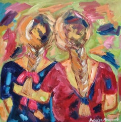 Grande peinture figurative contemporaine expressive de femmes huile sur toile "Bond"